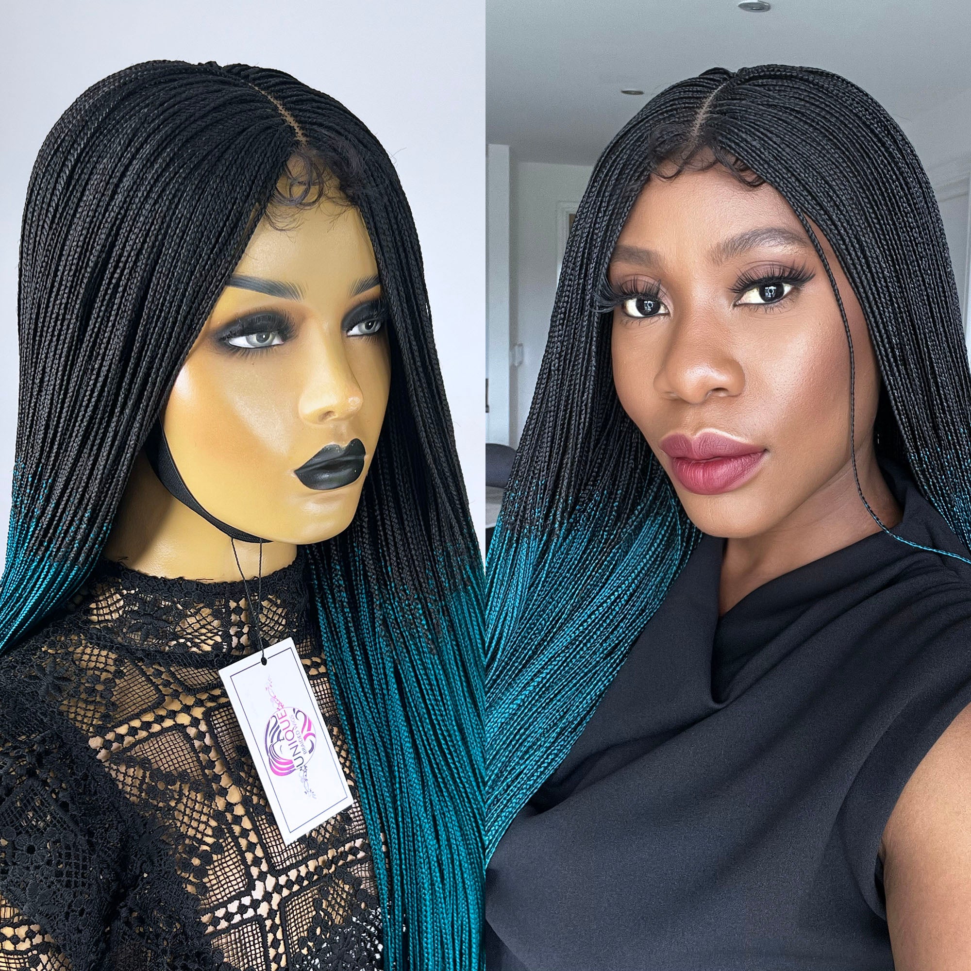 Unique Micro Box Braided Wig - #1b/Teal ombre - UniqueBraidedWigs