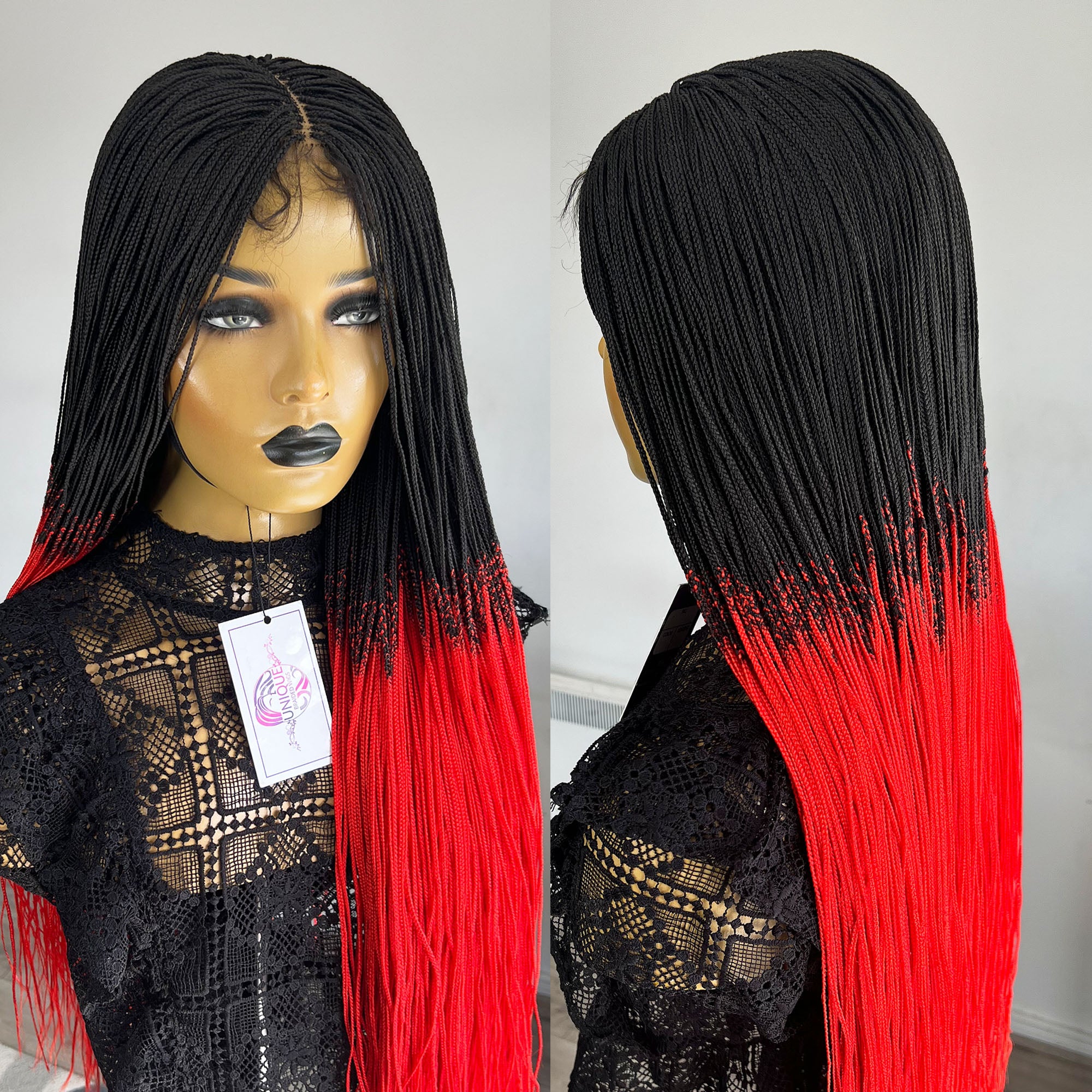 Unique Micro Box Braided Wig - #1b/Red ombre