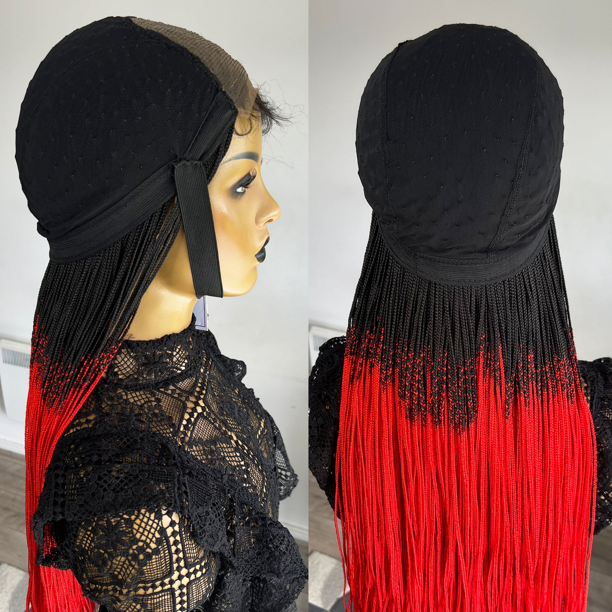 Unique Micro Box Braided Wig - #1b/Red ombre