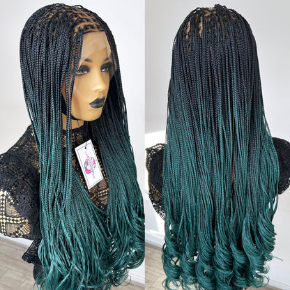 French Curls Knotless Braids - #1b/teal ombre