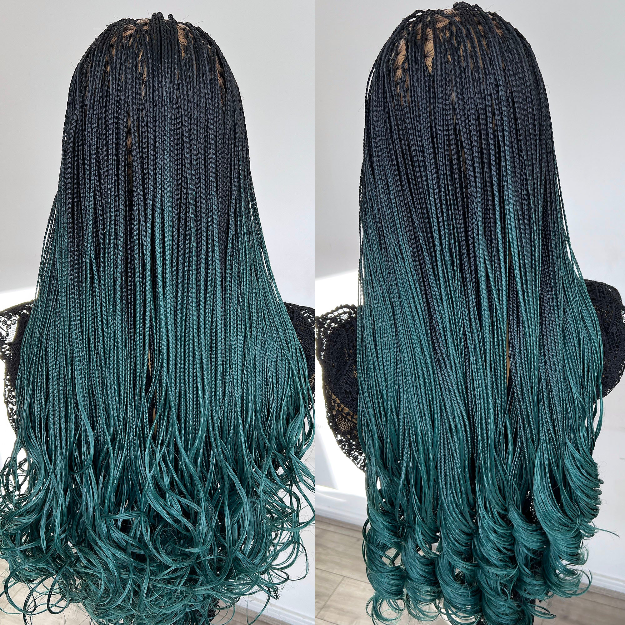 French Curls Knotless Braids - #1b/teal ombre