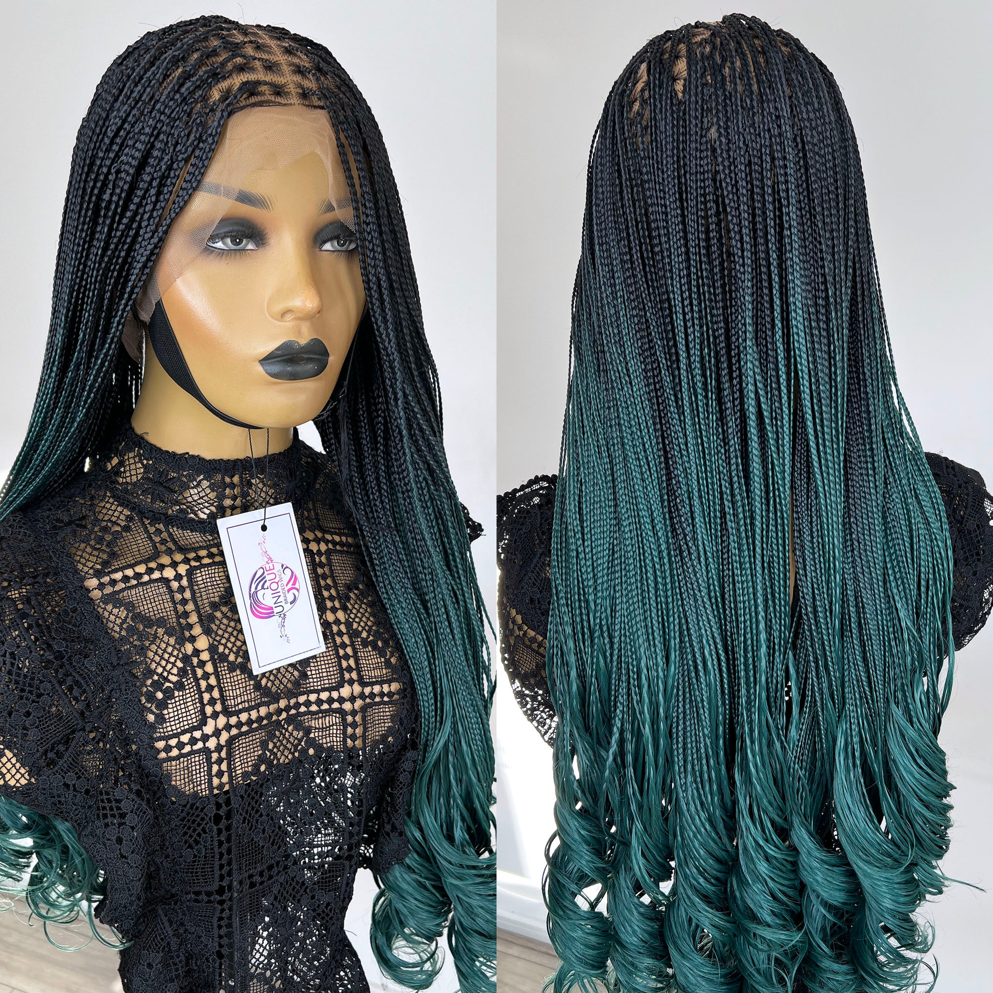 French Curls Knotless Braids - #1b/teal ombre