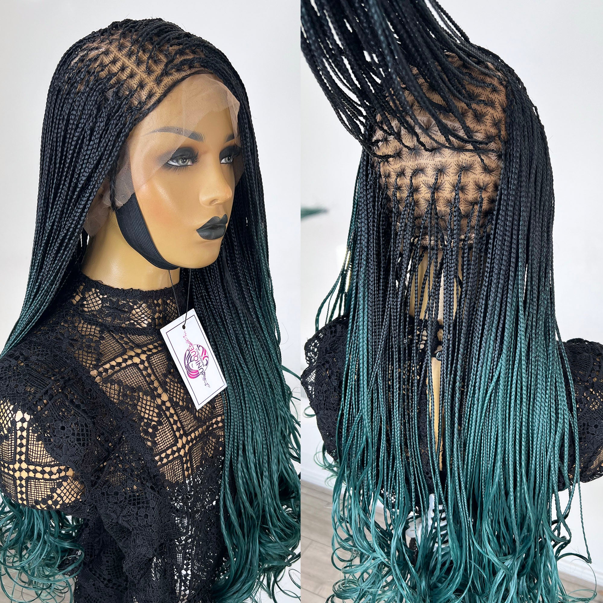 French Curls Knotless Braids - #1b/teal ombre