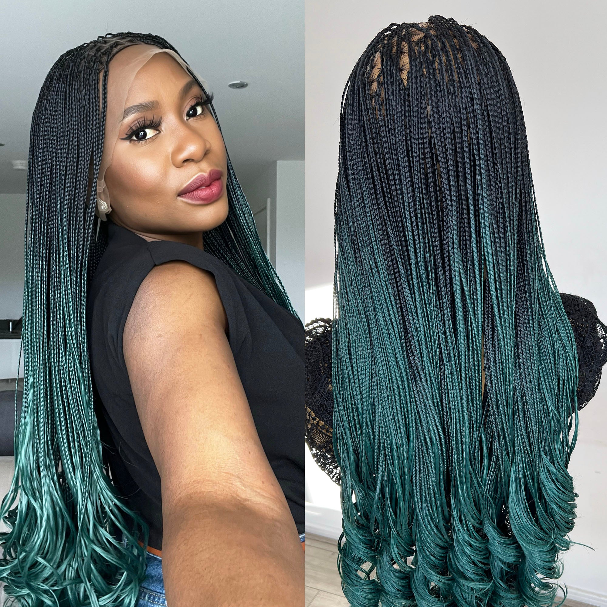 French Curls Knotless Braids - #1b/teal ombre