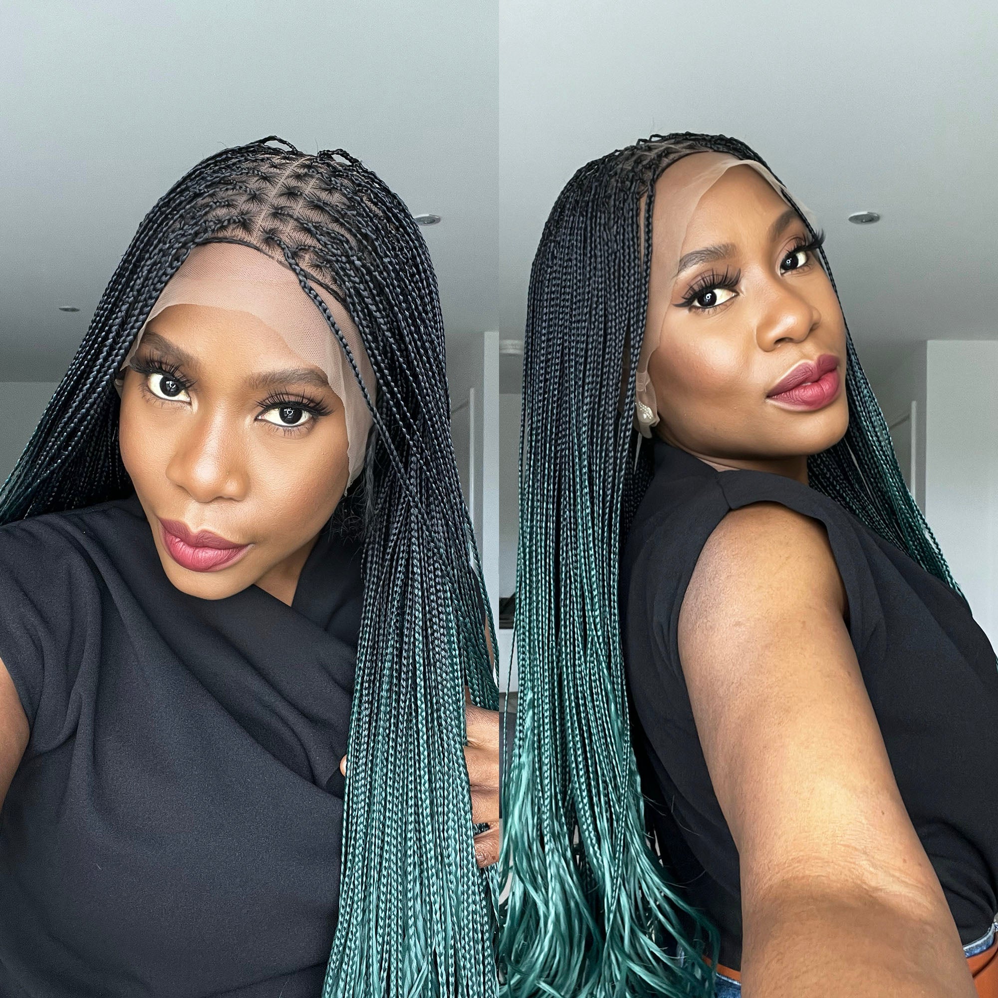 French Curls Knotless Braids - #1b/teal ombre