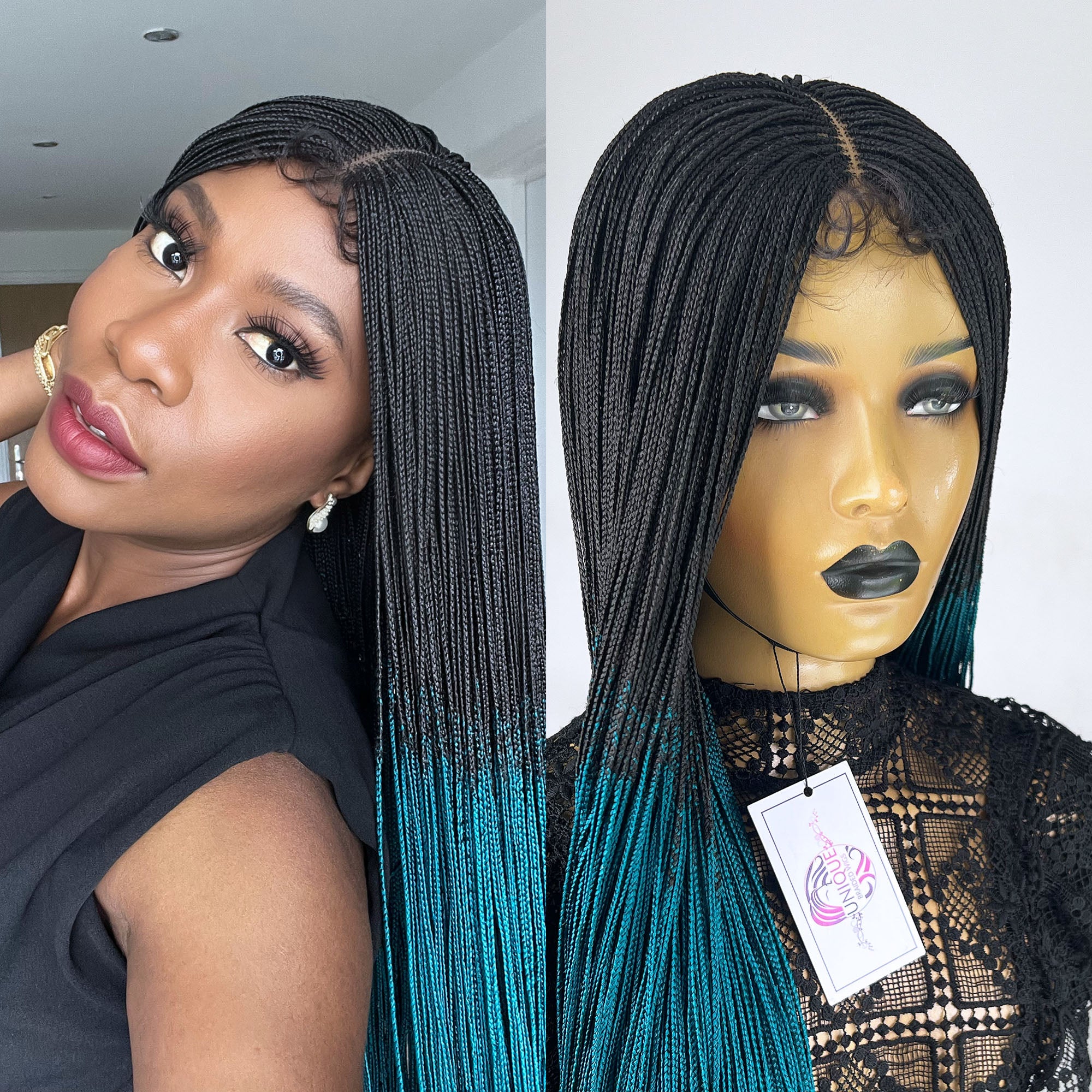 Unique Micro Box Braided Wig - #1b/Teal ombre