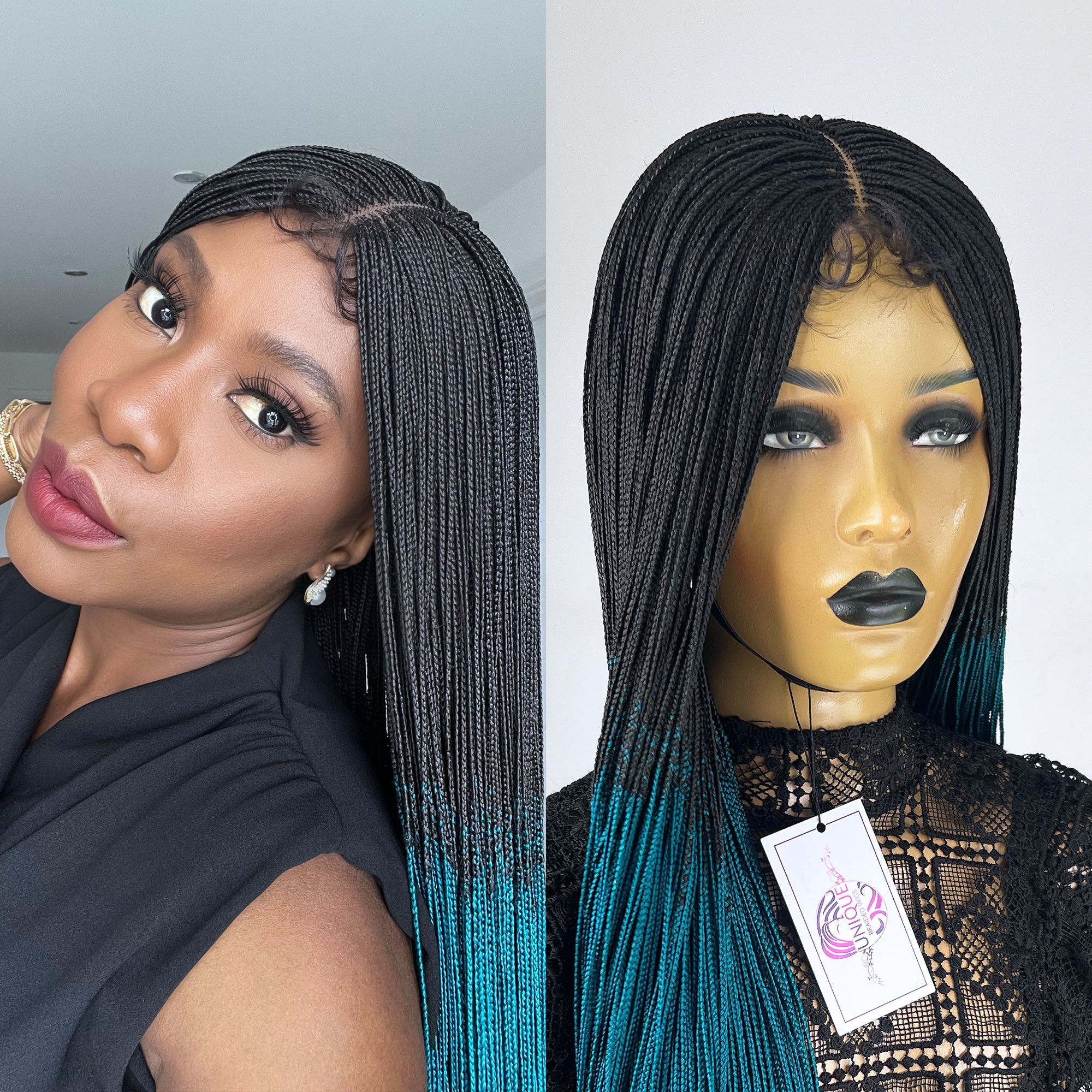 Unique Micro Box Braided Wig - #1b/Teal ombre - UniqueBraidedWigs