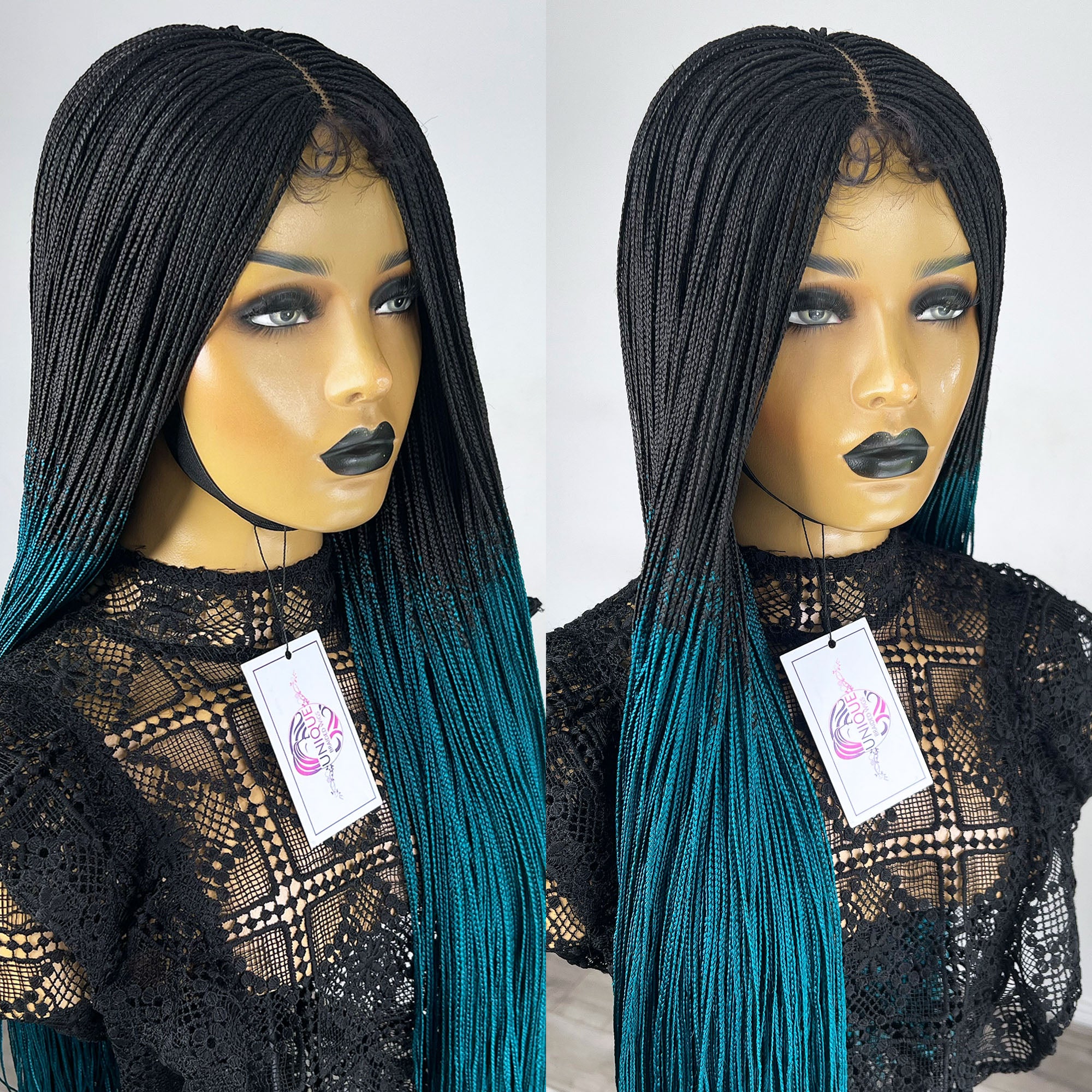 Unique Micro Box Braided Wig - #1b/Teal ombre