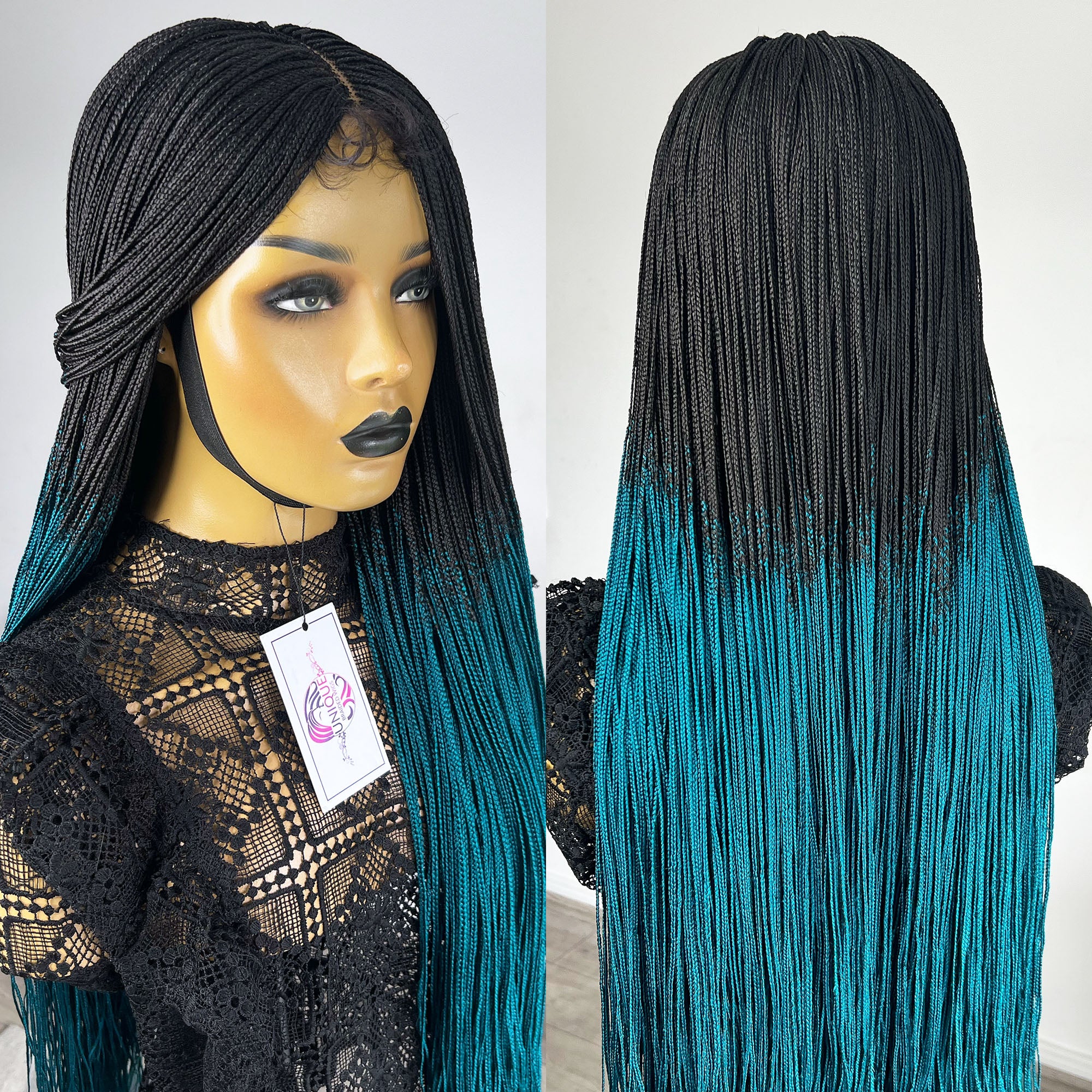 Unique Micro Box Braided Wig - #1b/Teal ombre