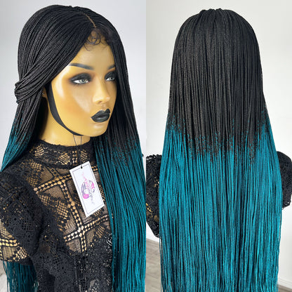 Unique Micro Box Braided Wig - #1b/Teal ombre