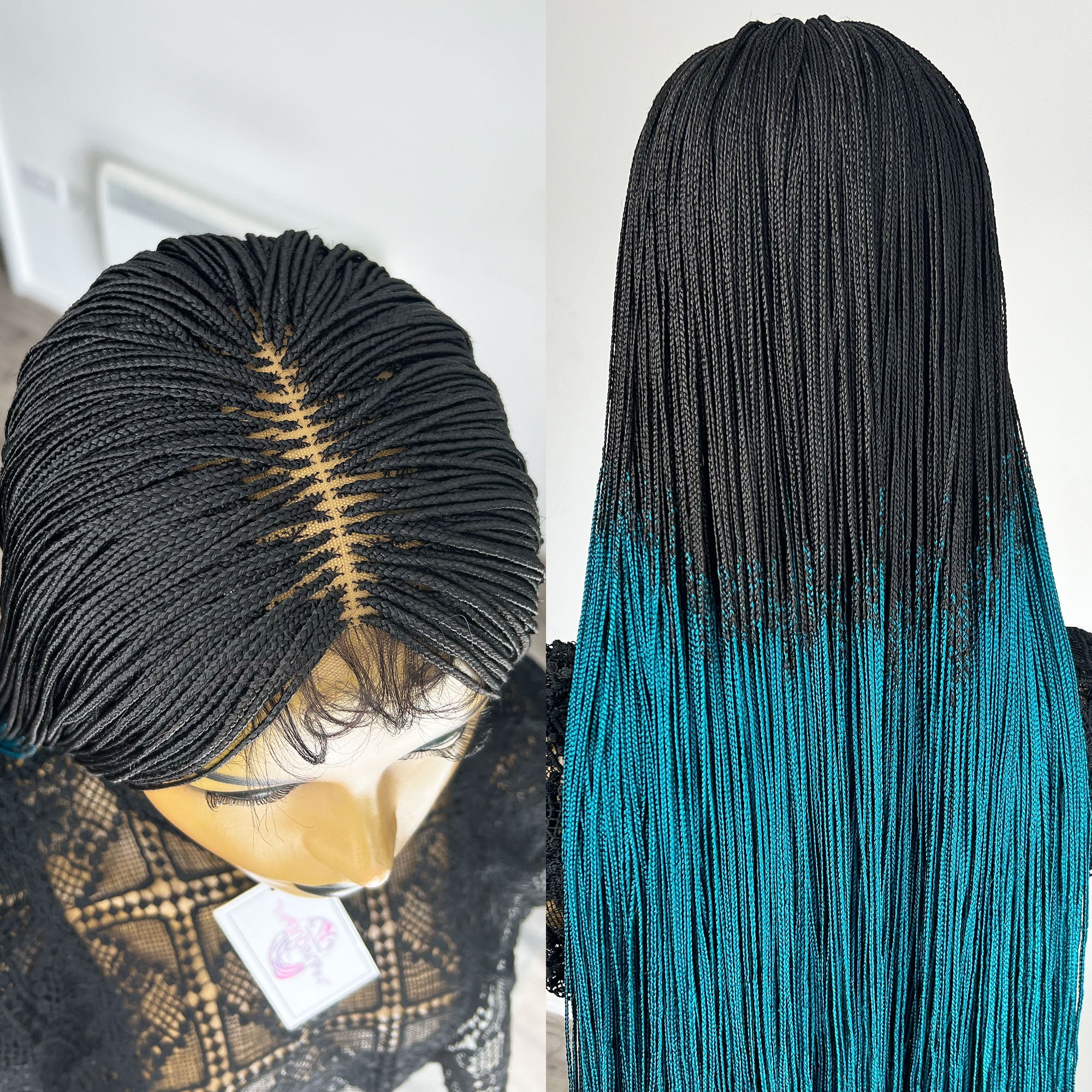 Unique Micro Box Braided Wig - #1b/Teal ombre