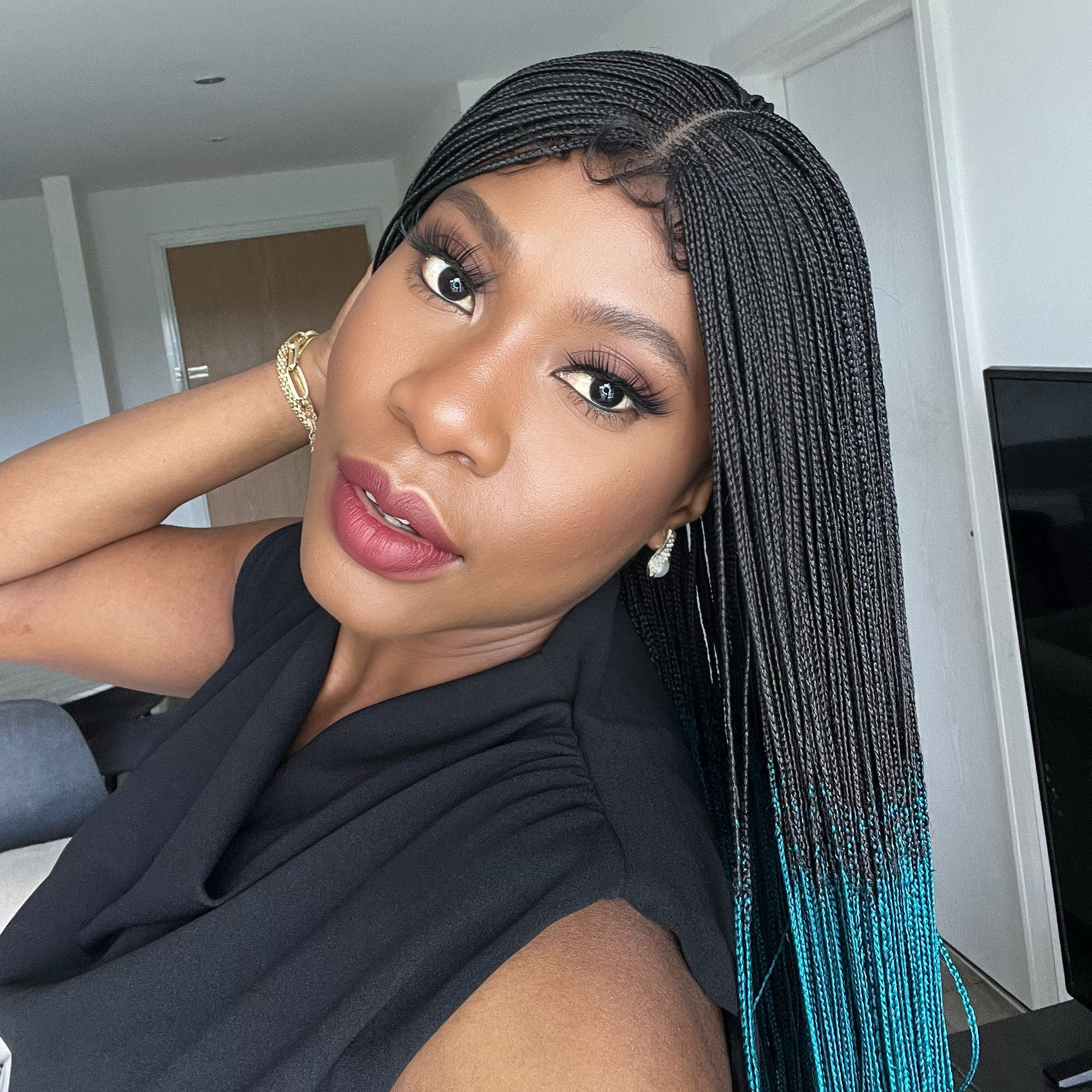 Unique Micro Box Braided Wig - #1b/Teal ombre - UniqueBraidedWigs